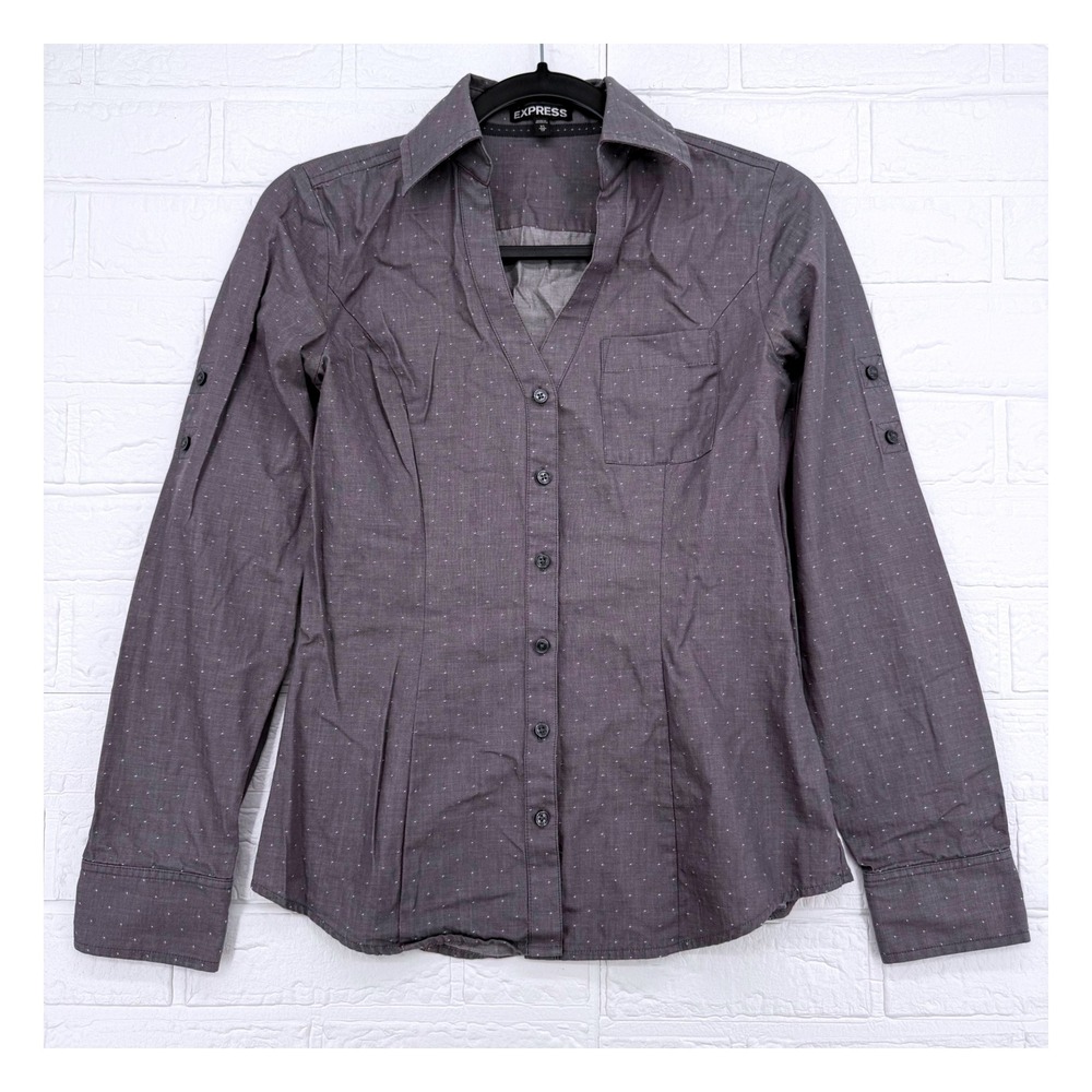 Express Button Down Shirt Womens XS Gray Dotted Roll Tab Sleeve Blouse